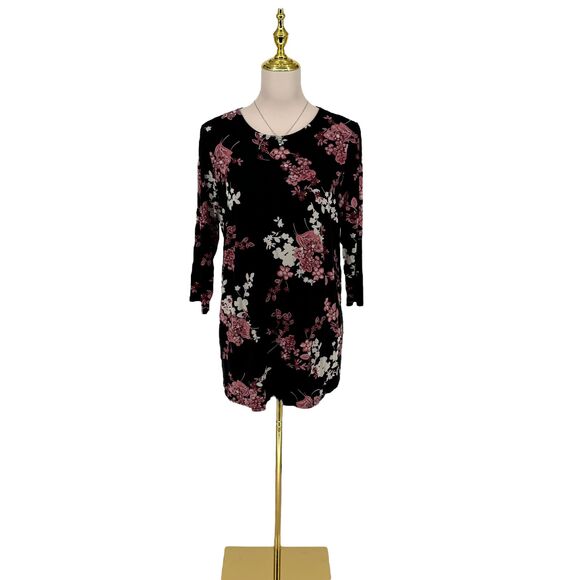 J. Jill Floral Tunic Top Size MEDIUM Wearever Black Blossom Pleated 3/4 Sleeve - Picture 2 of 13